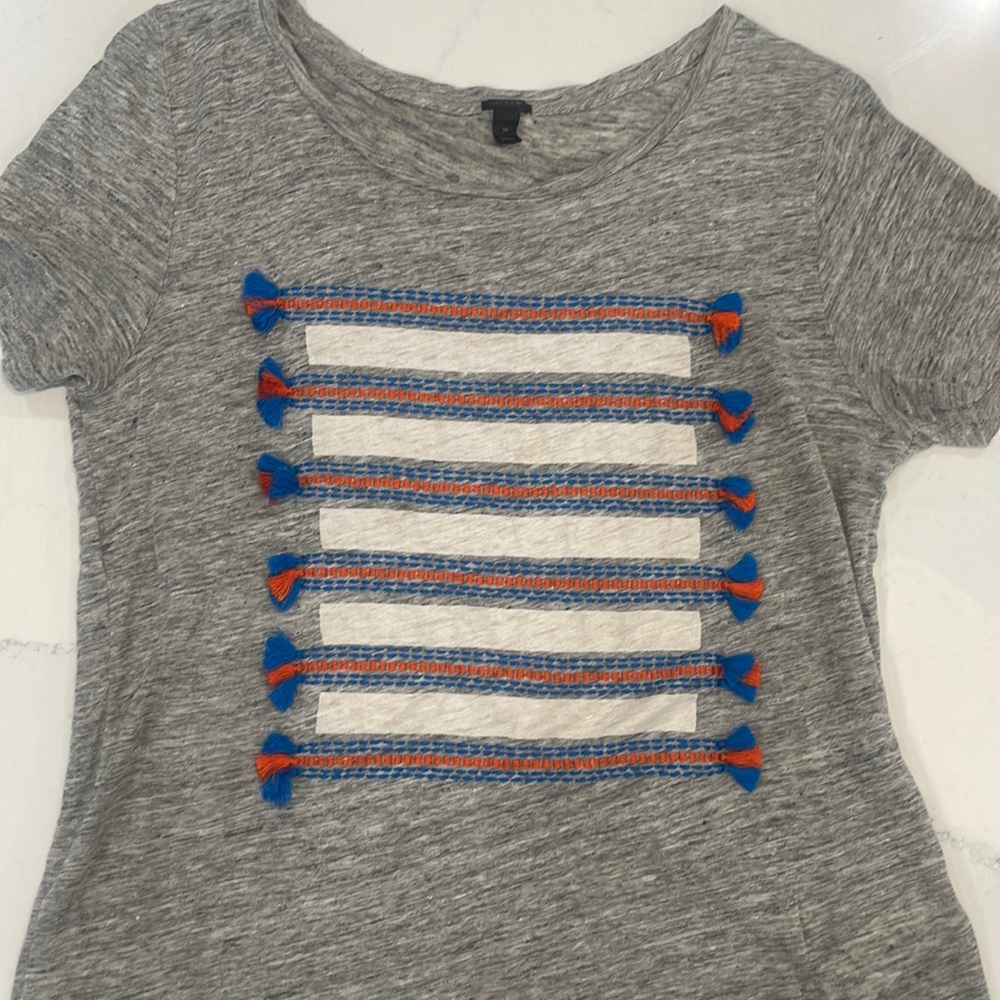 J Crew linen embroidered tassel tshirt